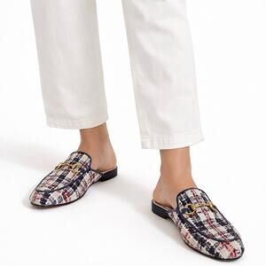 Gucci Princetown Tweed Mules Horsebit Gardenia Ink Blue Size 36.5